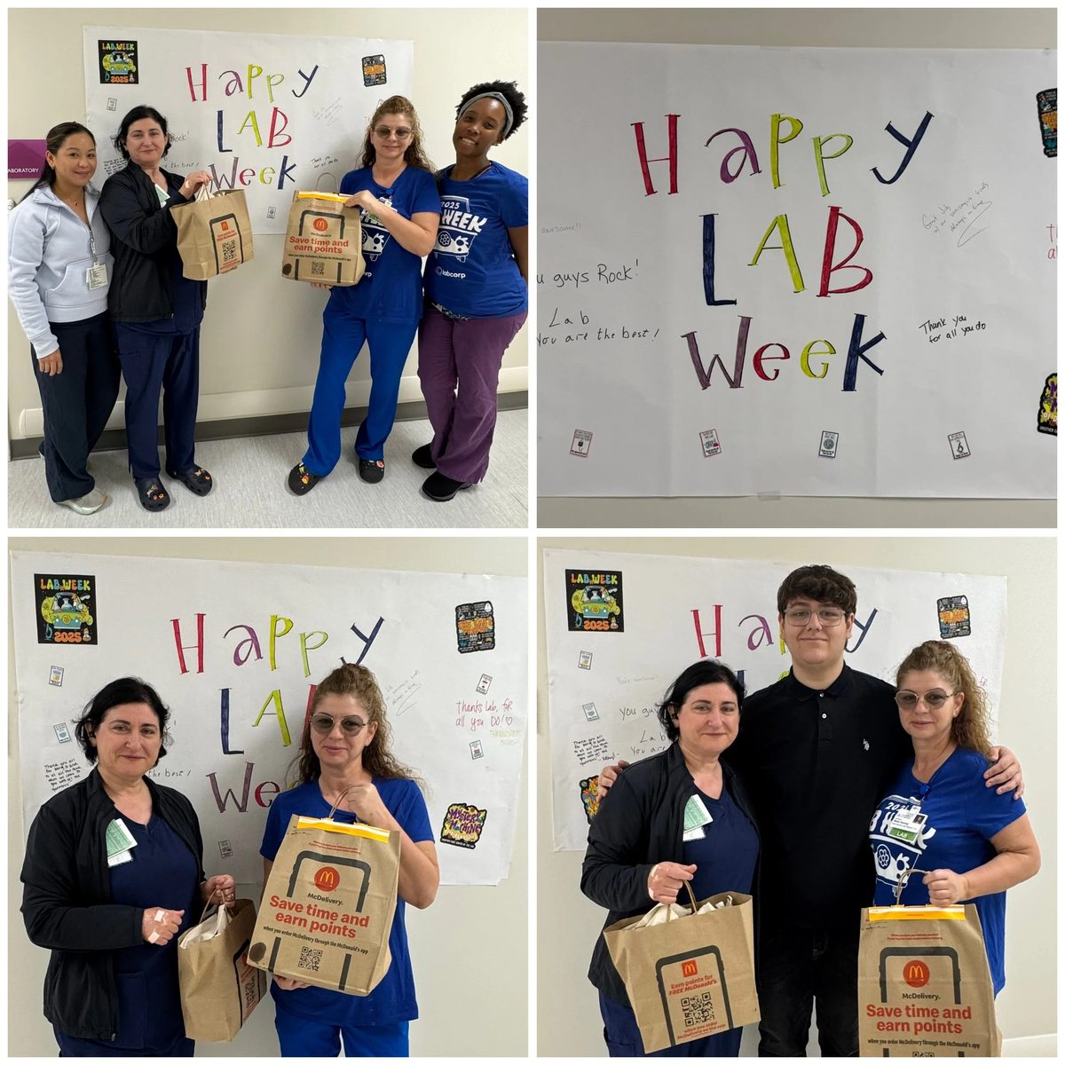 Four individuals standing in front of a whiteboard with colorful 'Happy Lab Week' decorations, holding McDonald’s takeout bags.
