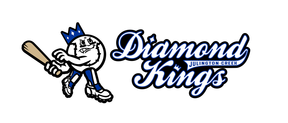 Logo of Diamond Kings featuring an animated baseball character wearing a blue crown and holding a bat.